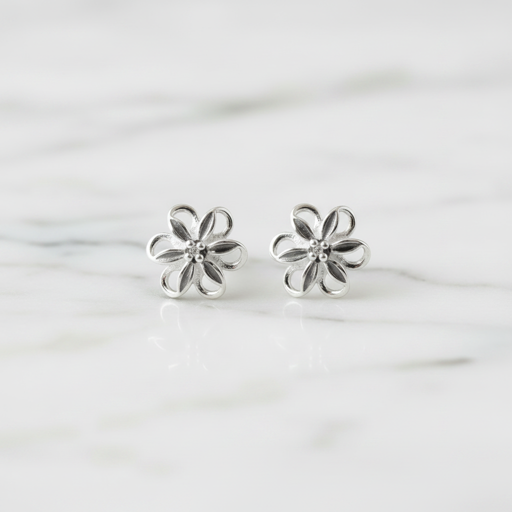 92.5 Silver Minimal Flower Stud Earrings for Women | Delicate Floral Design | Elegant Jewellery