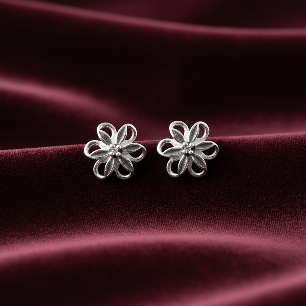 92.5 Silver Minimal Flower Stud Earrings for Women | Delicate Floral Design | Elegant Jewellery