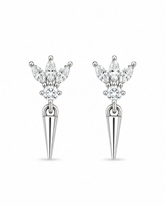 92.5 Sterling Silver Triple Marquise & Round White CZ Fan Stud with Cone Spike Drop Earrings for Women