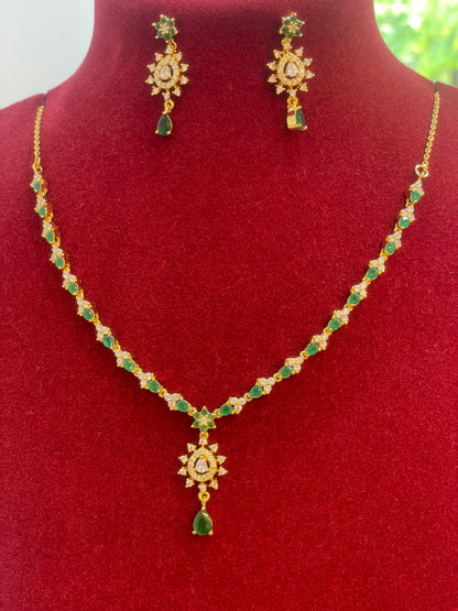 92.5 silver gold plated classic green stone necklace with earrings