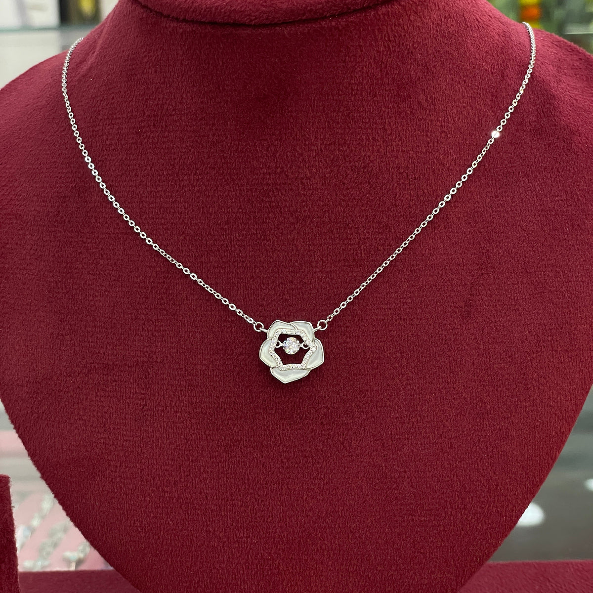 92.5 Silver MOP Rose & Solitaire CZ Pendant Necklace for Women