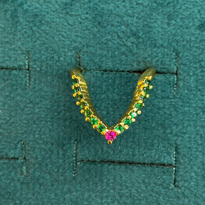 92.5 Silver Gold Plated Green & Pink CZ Chevron Ring for Women