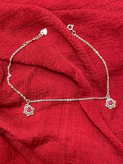 92.5 Silver Pink Flower Anklets | Premium Stylish Floral Design | Jewellery