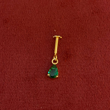 92.5 Silver Gold-Plated Bugadi for Women | Emerald Green Teardrop CZ Dangle on Bar Stud | Helix Earring pair