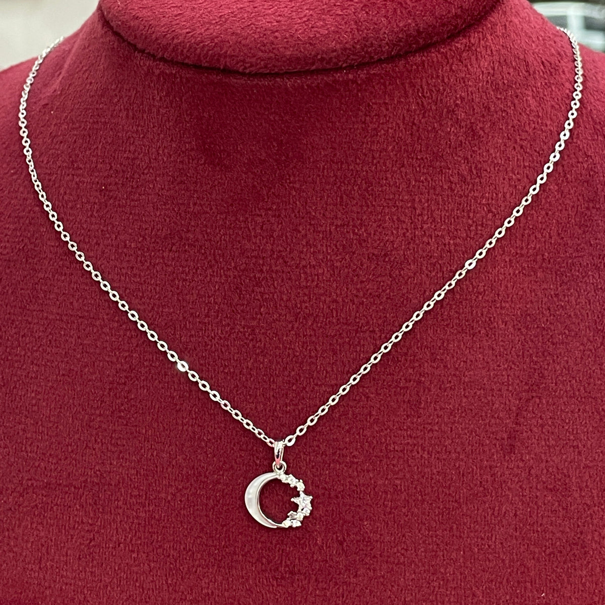 92.5 Silver Crescent Moon & CZ Star Pendant Necklace for Women