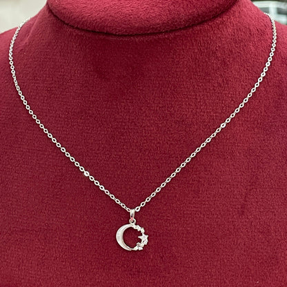 92.5 Silver Crescent Moon & CZ Star Pendant Necklace for Women