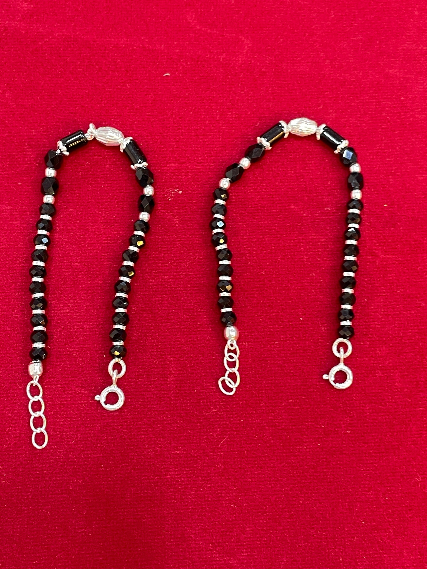 Silver Nazariya Black Bead Anklet for Kids | Set of 2 with Oval Silver Charm