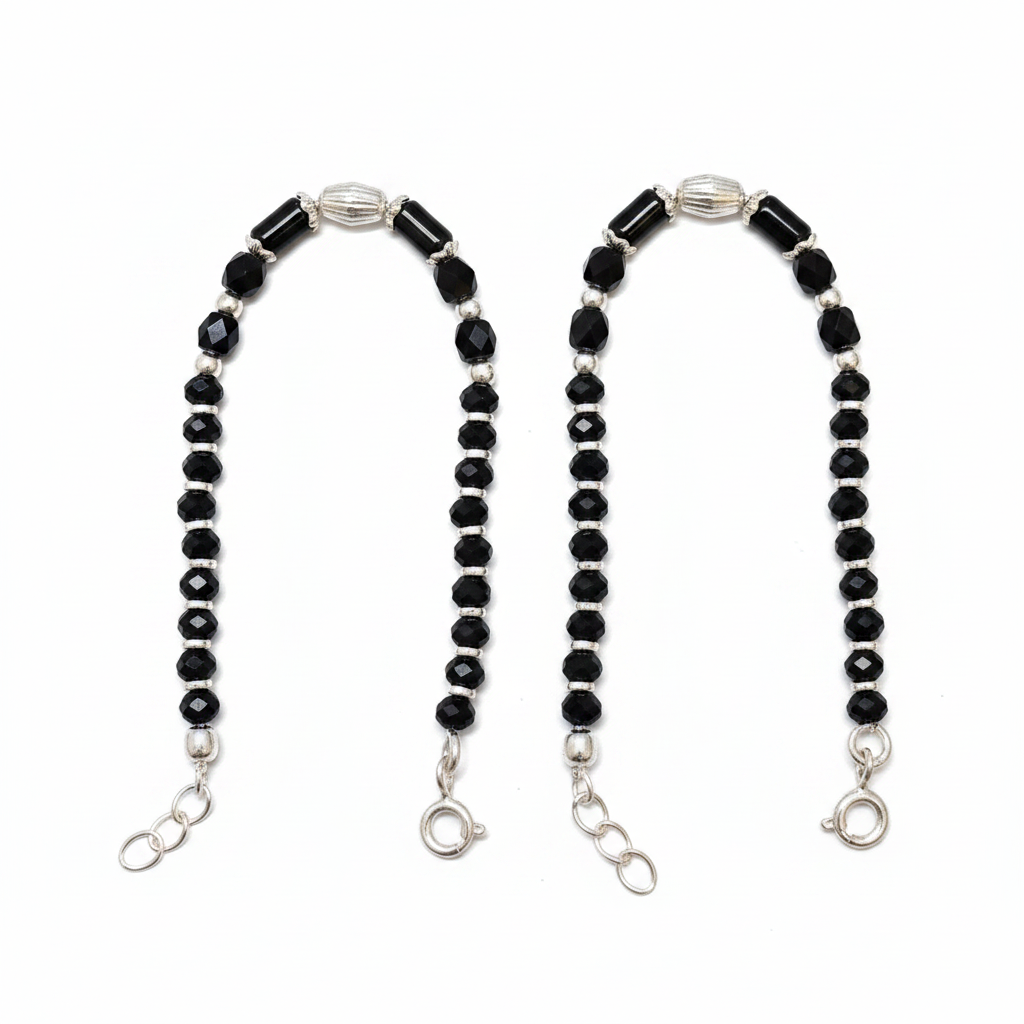 Silver Nazariya Black Bead Anklet for Kids | Set of 2 with Oval Silver Charm