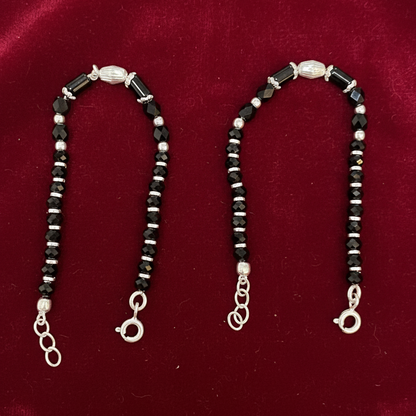 Silver Nazariya Black Bead Anklet for Kids | Set of 2 with Oval Silver Charm