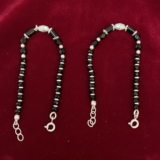 Silver Nazariya Black Bead Anklet for Kids | Set of 2 with Oval Silver Charm