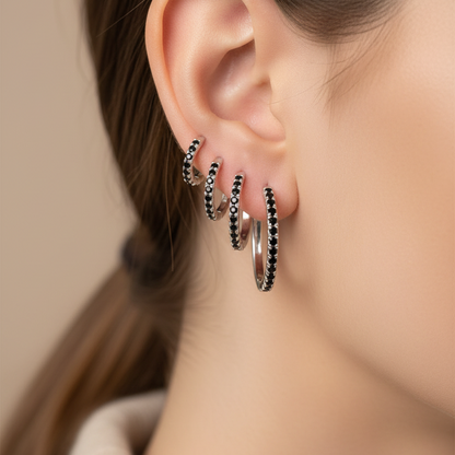 92.5 Silver Hoops with Black Stones - Pair