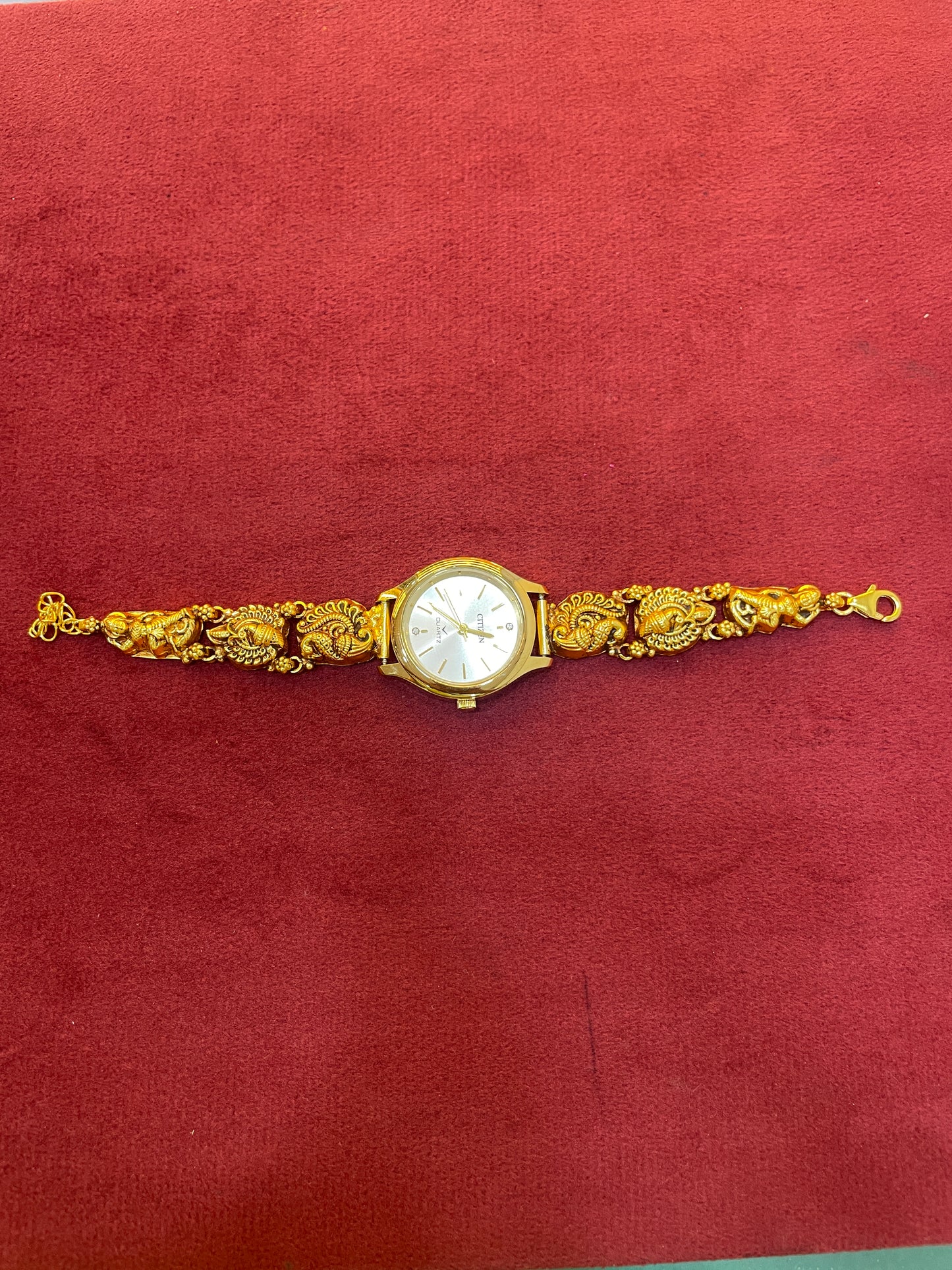 925 Silver Gold-Plated Nakshi Bracelet Watch for Women | Antique Peacock & Paisley Engraved Strap | White Dial
