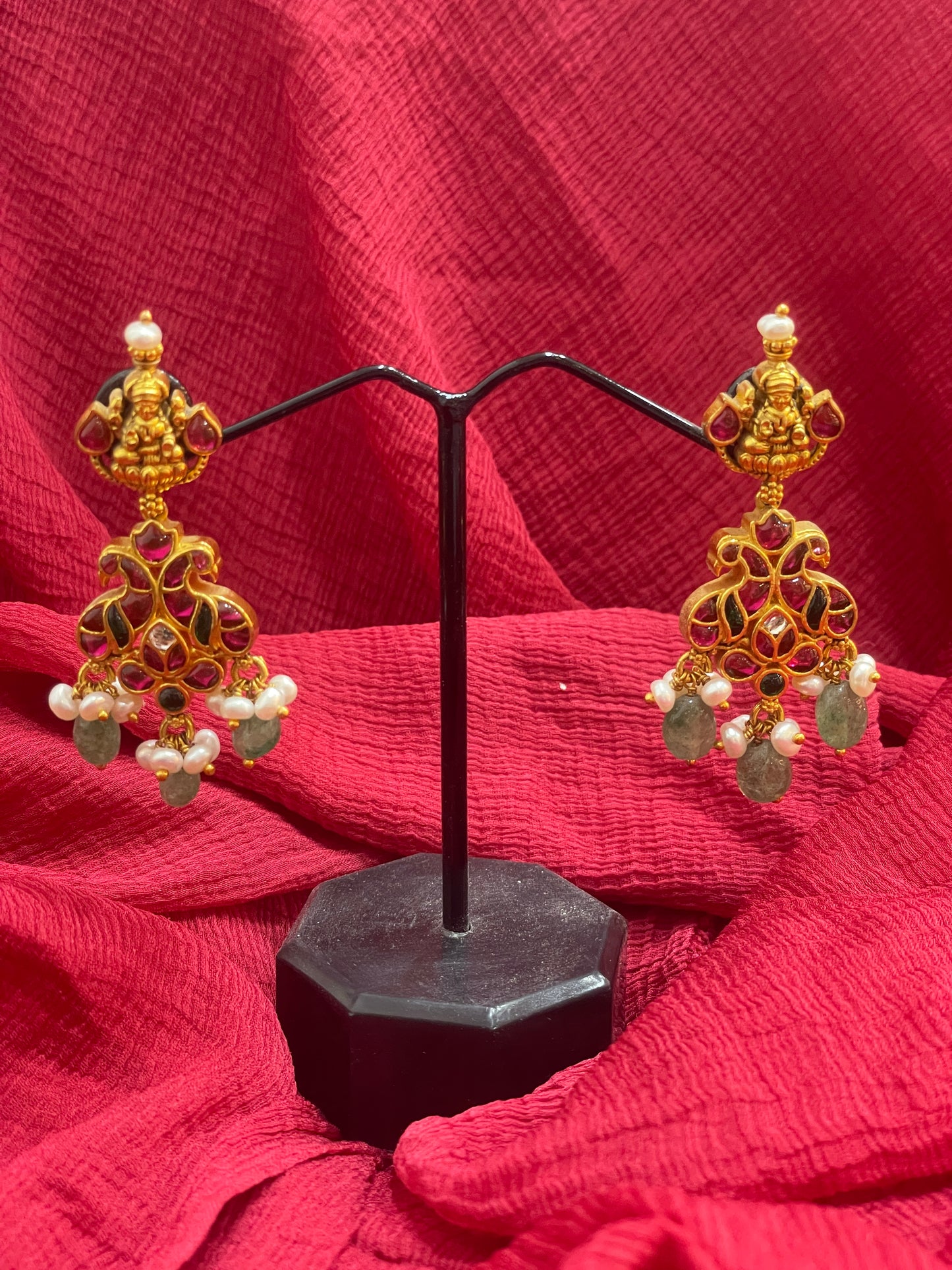 92.5 Silver Gold Plated Pink Stone Lakshmi Devi Jhumka Earrings for Women | Temple Design | Traditional Jewellery