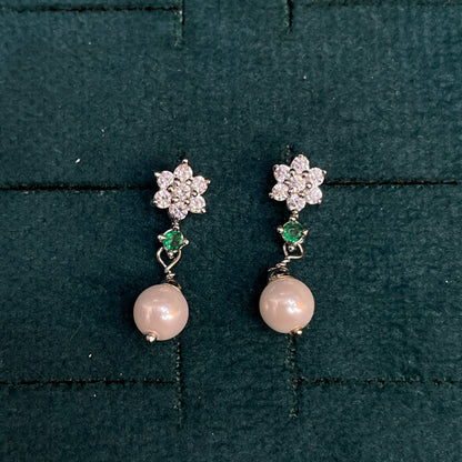 92.5 Sterling Silver CZ Flower & Pearl Drop Earrings for Women pair