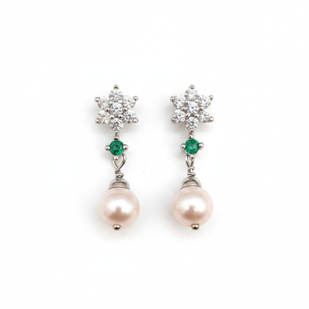 92.5 Sterling Silver CZ Flower & Pearl Drop Earrings for Women pair