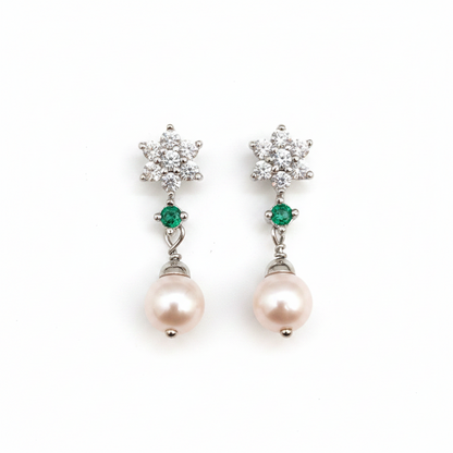 92.5 Sterling Silver CZ Flower & Pearl Drop Earrings for Women pair