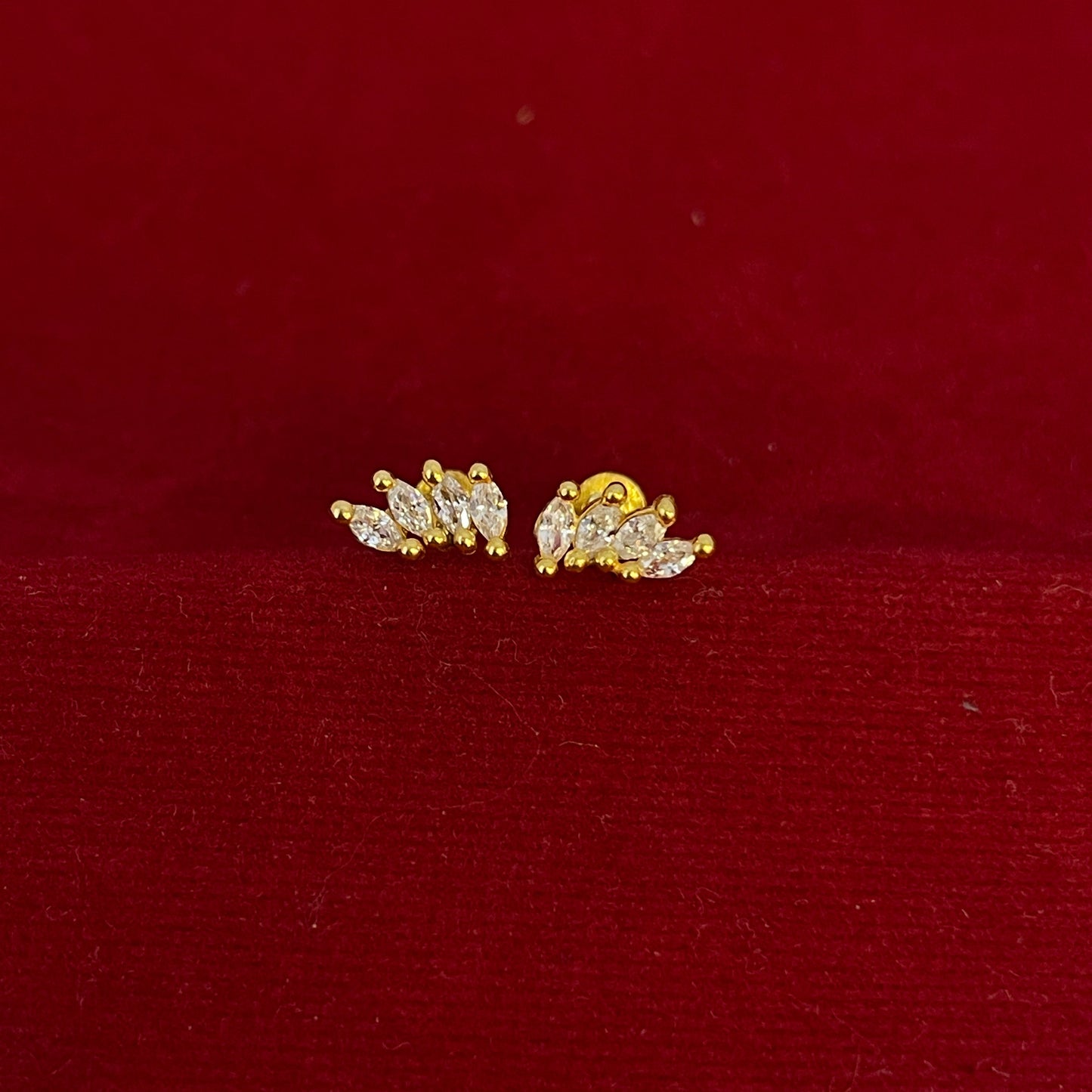 Gold Plated 92.5 Sterling Silver Three-Marquise CZ Leaf Climber Stud Earrings for Women | CZ Fan Wing Screw-Back Second Studs