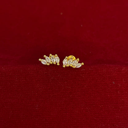 Gold Plated 92.5 Sterling Silver Three-Marquise CZ Leaf Climber Stud Earrings for Women | CZ Fan Wing Screw-Back Second Studs