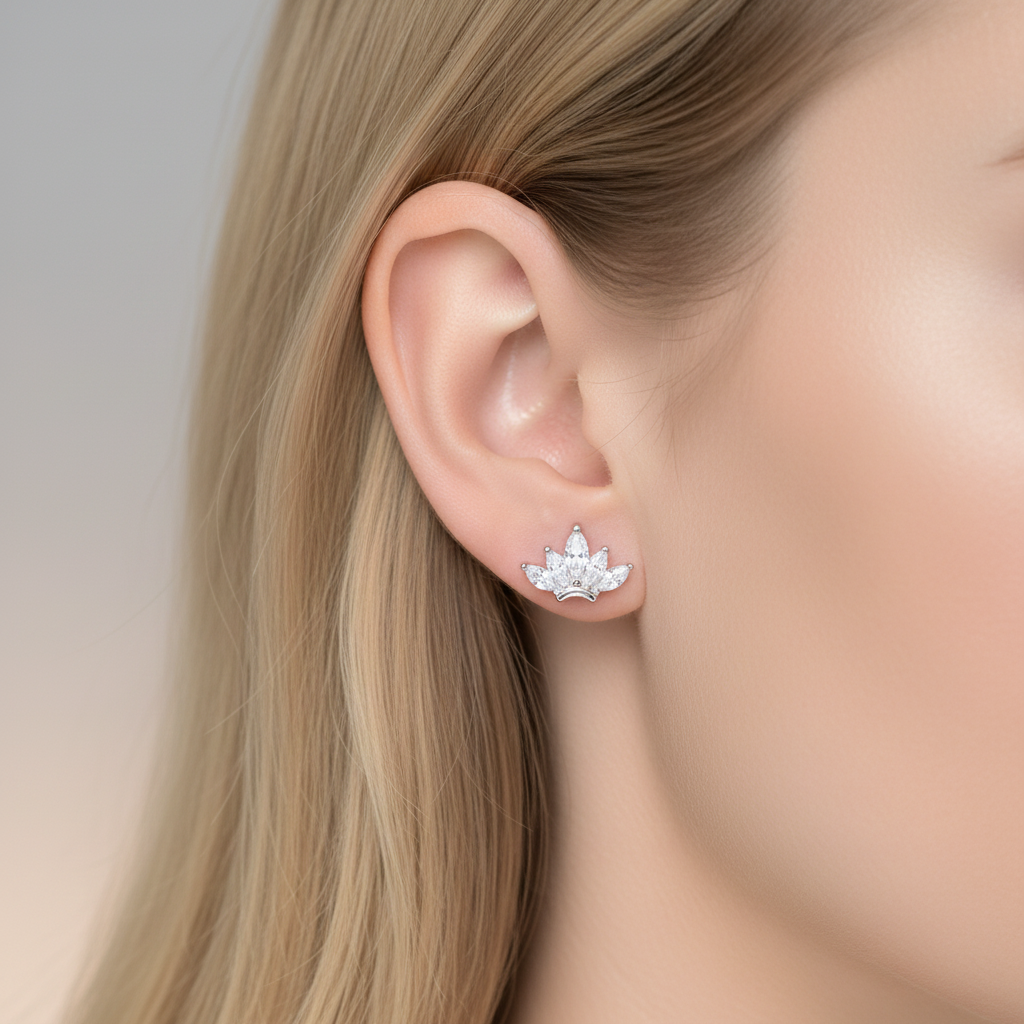 925 Silver Lotus Flower Stud Earrings | CZ Minimal Daily Wear Earrings with Ball Screw Back