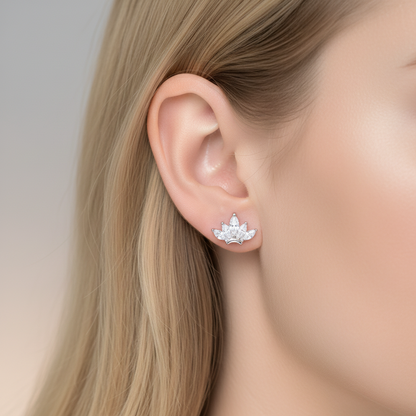 925 Silver Lotus Flower Stud Earrings | CZ Minimal Daily Wear Earrings with Ball Screw Back