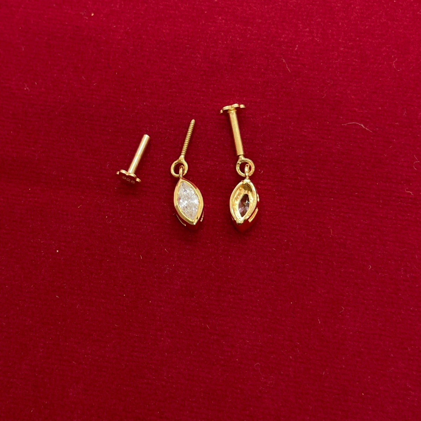 Gold Plated 92.5 Sterling Silver Marquise CZ Solitaire Bugadi for Women | Minimal Marquise Bezel Bar Drop | Helix Earring Pair