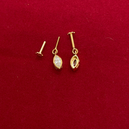 Gold Plated 92.5 Sterling Silver Marquise CZ Solitaire Bugadi for Women | Minimal Marquise Bezel Bar Drop | Helix Earring Pair