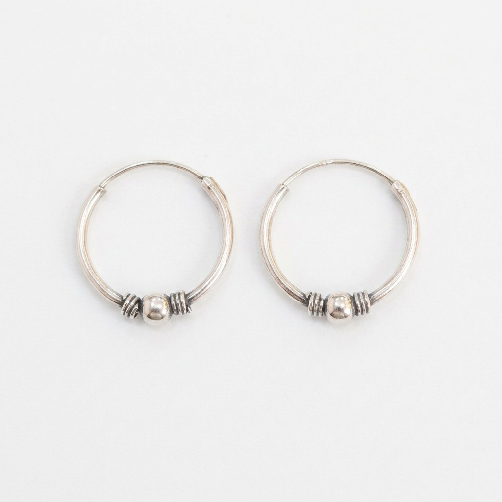 92.5 Silver Single Bead Hoop Earrings Pair