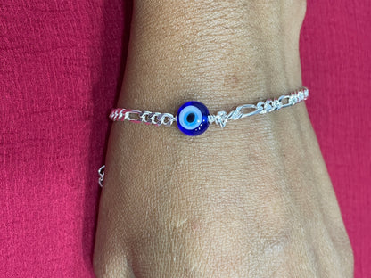 925 Silver Evileye Figaro Bracelet - 8 Inch