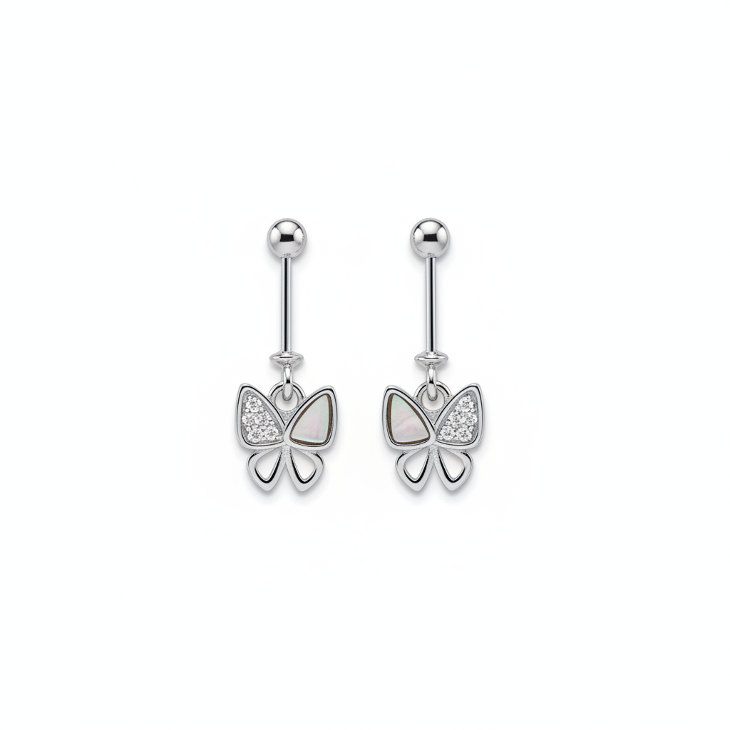 92.5 Sterling Silver Split-Wing Butterfly Bar Drop Earrings for Women | Mother-of-Pearl & CZ Butterfly Charm pair