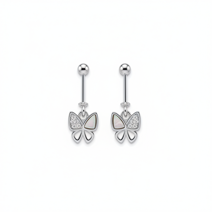 92.5 Sterling Silver Split-Wing Butterfly Bar Drop Earrings for Women | Mother-of-Pearl & CZ Butterfly Charm pair