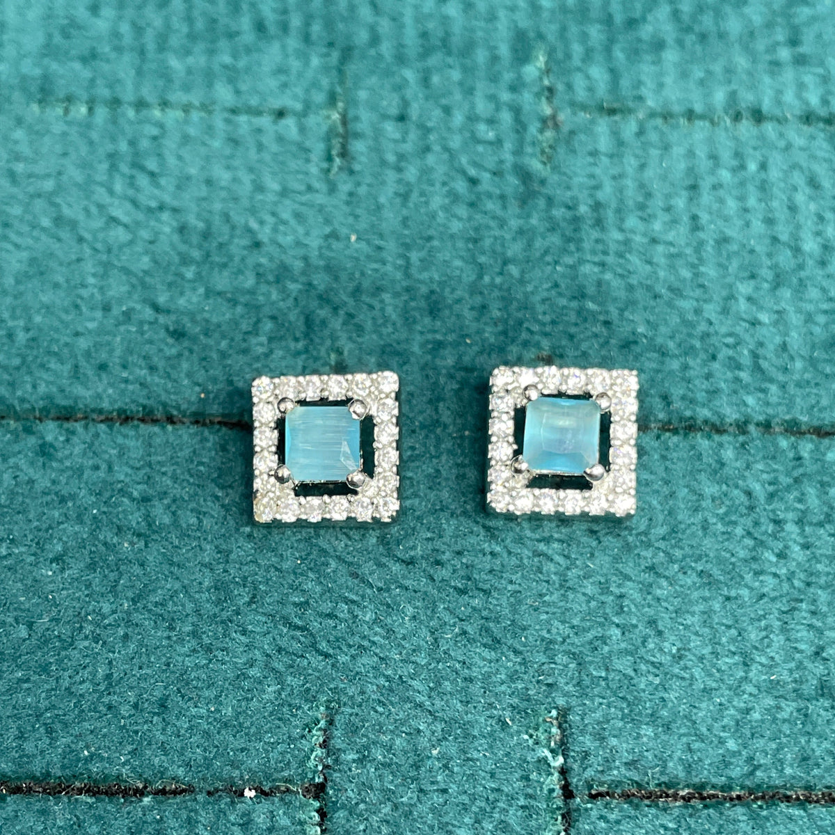 92.5 Sterling Silver Earrings for Women | Square Light Blue Stone with White Stone Halo pair