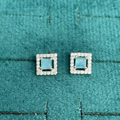 92.5 Sterling Silver Earrings for Women | Square Light Blue Stone with White Stone Halo pair