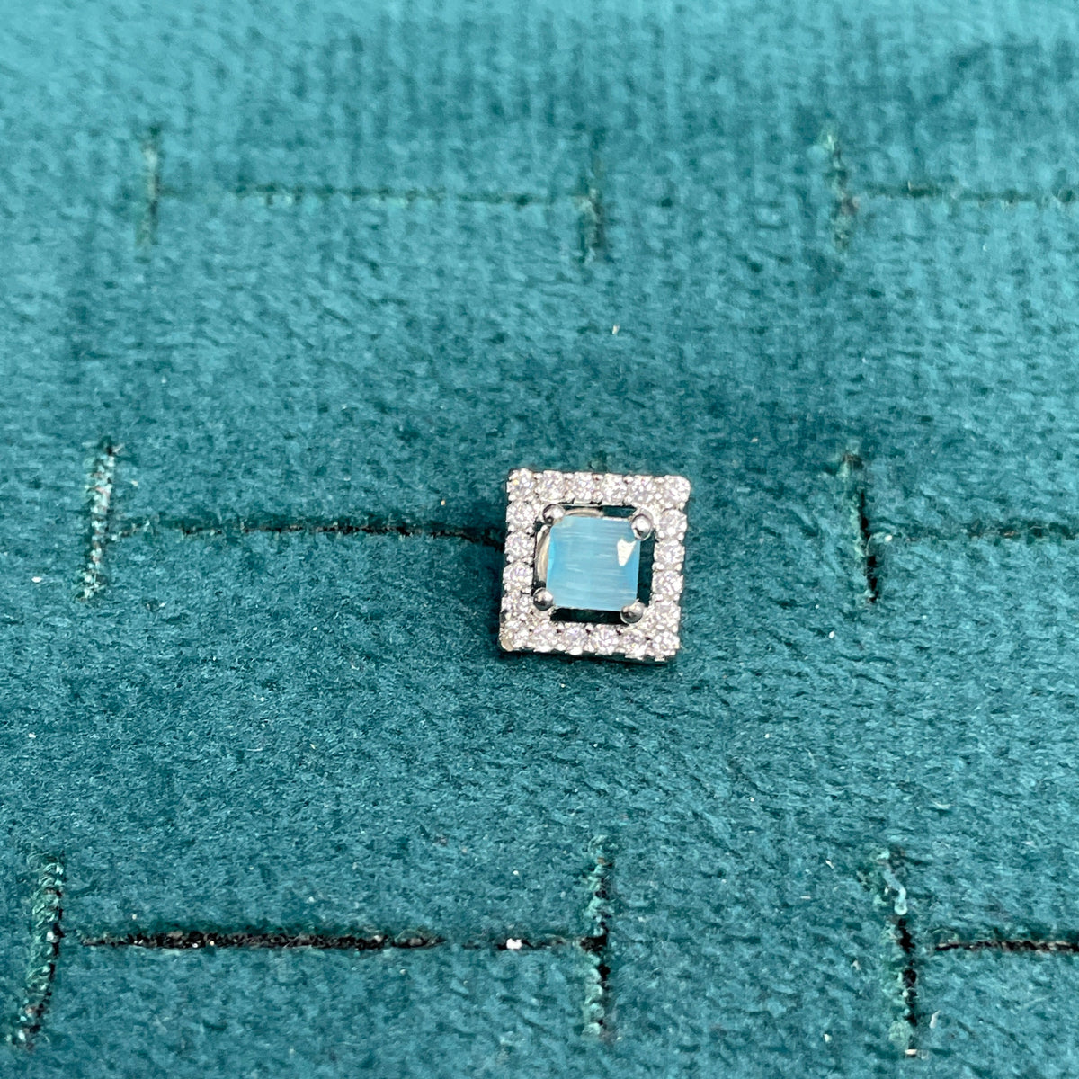 92.5 Sterling Silver Earrings for Women | Square Light Blue Stone with White Stone Halo pair