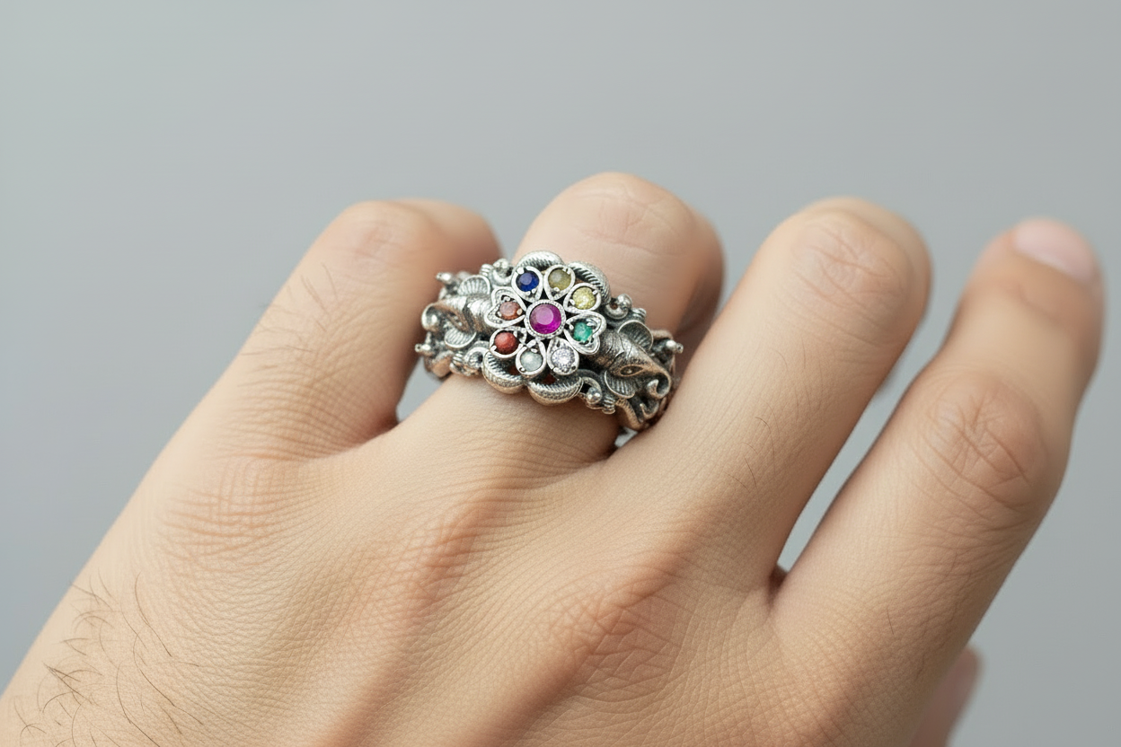 92.5 Silver Multi Stones Men’s Ring | Stylish Statement Design | Elegant Jewellery