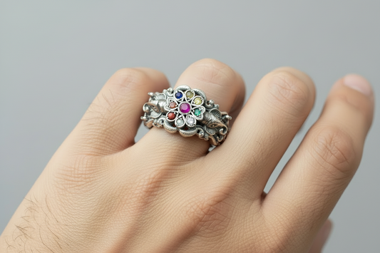 92.5 Silver Multi Stones Men’s Ring | Stylish Statement Design | Elegant Jewellery