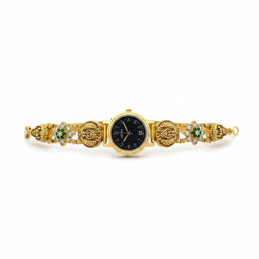 925 Silver Gold-Plated Nakshi Bracelet Watch with White & Emerald CZ Flowers