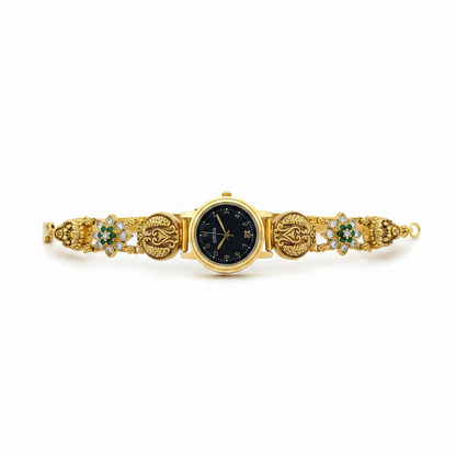 925 Silver Gold-Plated Nakshi Bracelet Watch with White & Emerald CZ Flowers