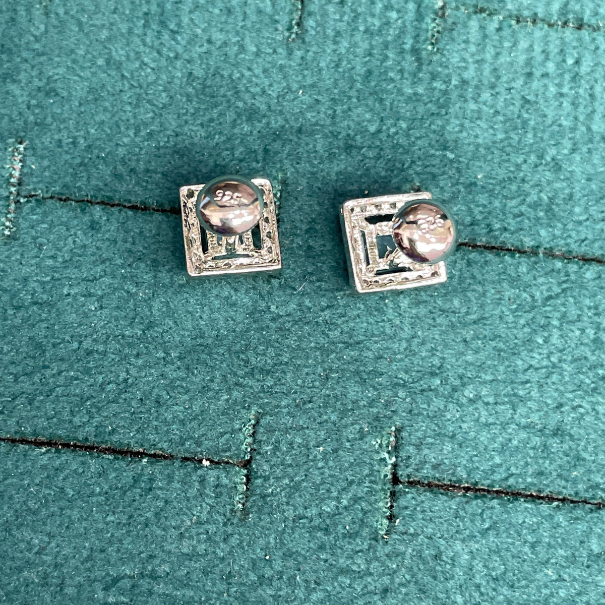 92.5 Sterling Silver Earrings for Women | Square Light Blue Stone with White Stone Halo pair