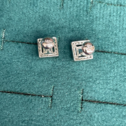 92.5 Sterling Silver Earrings for Women | Square Light Blue Stone with White Stone Halo pair