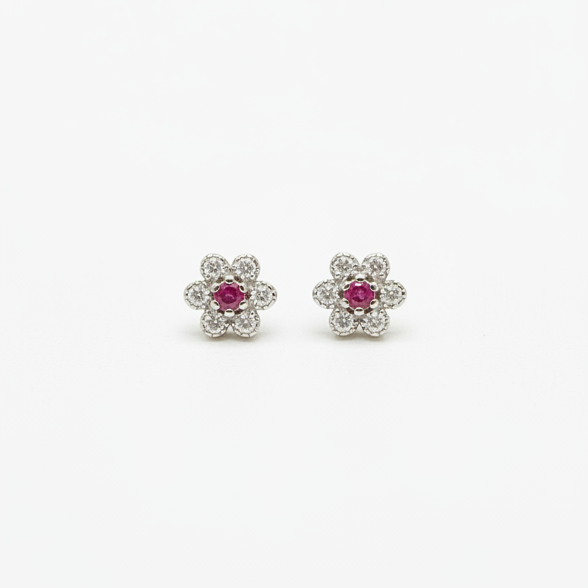 925 Silver Pink Stone Flower Studs