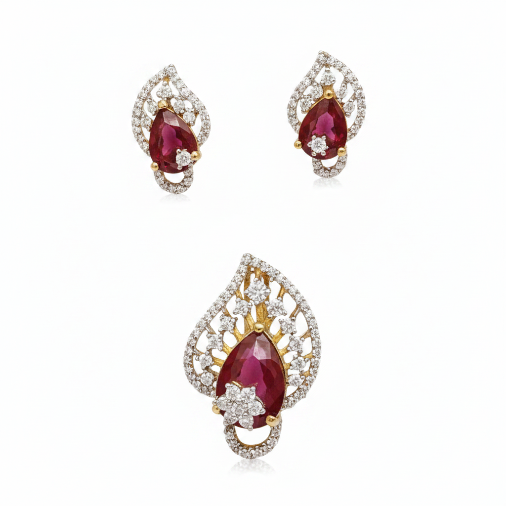 92.5 Silver Gold-Plated Elegant Ruby Pendant & Earring Set