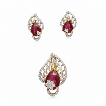 92.5 Silver Gold-Plated Elegant Ruby Pendant & Earring Set