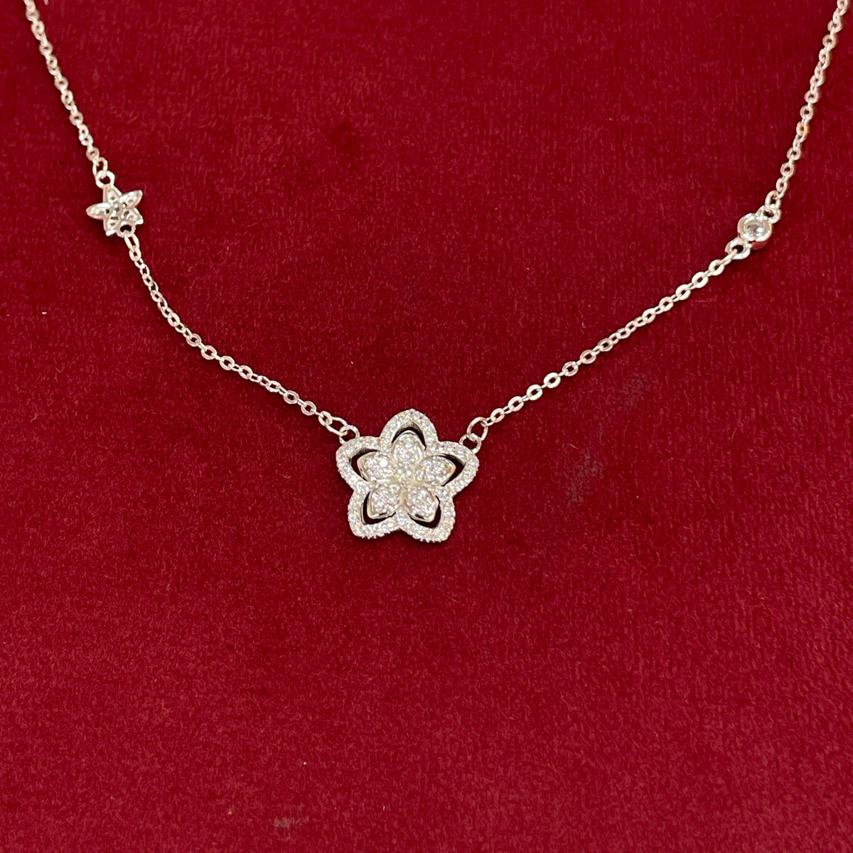 92.5 Silver Pave CZ Open Lotus Flower Pendant Necklace for Women