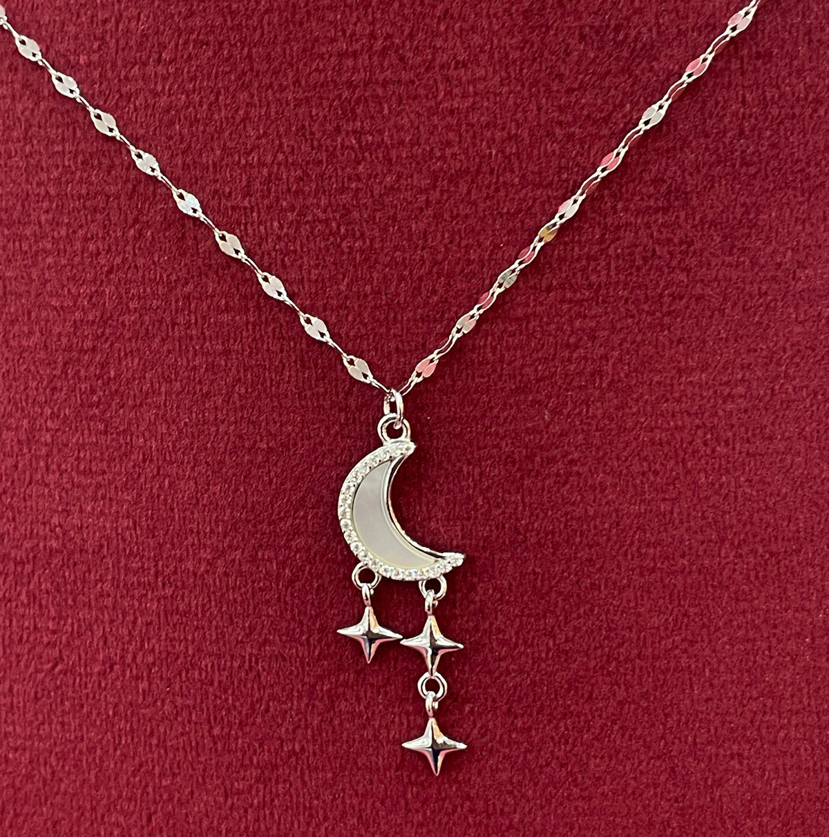 92.5 Silver Crescent Moon & Dangling Star Pendant Necklace for Women