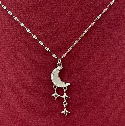92.5 Silver Crescent Moon & Dangling Star Pendant Necklace for Women