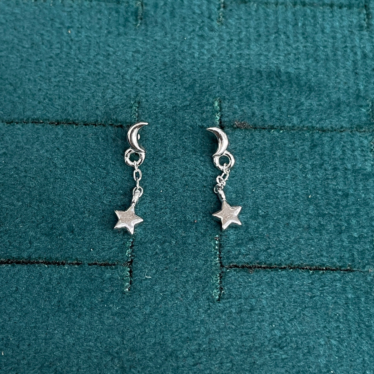 92.5 Sterling Silver Plain Crescent Moon Stud with Chain & Star Charm Drop Earrings for Women