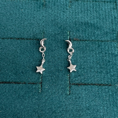 92.5 Sterling Silver Plain Crescent Moon Stud with Chain & Star Charm Drop Earrings for Women