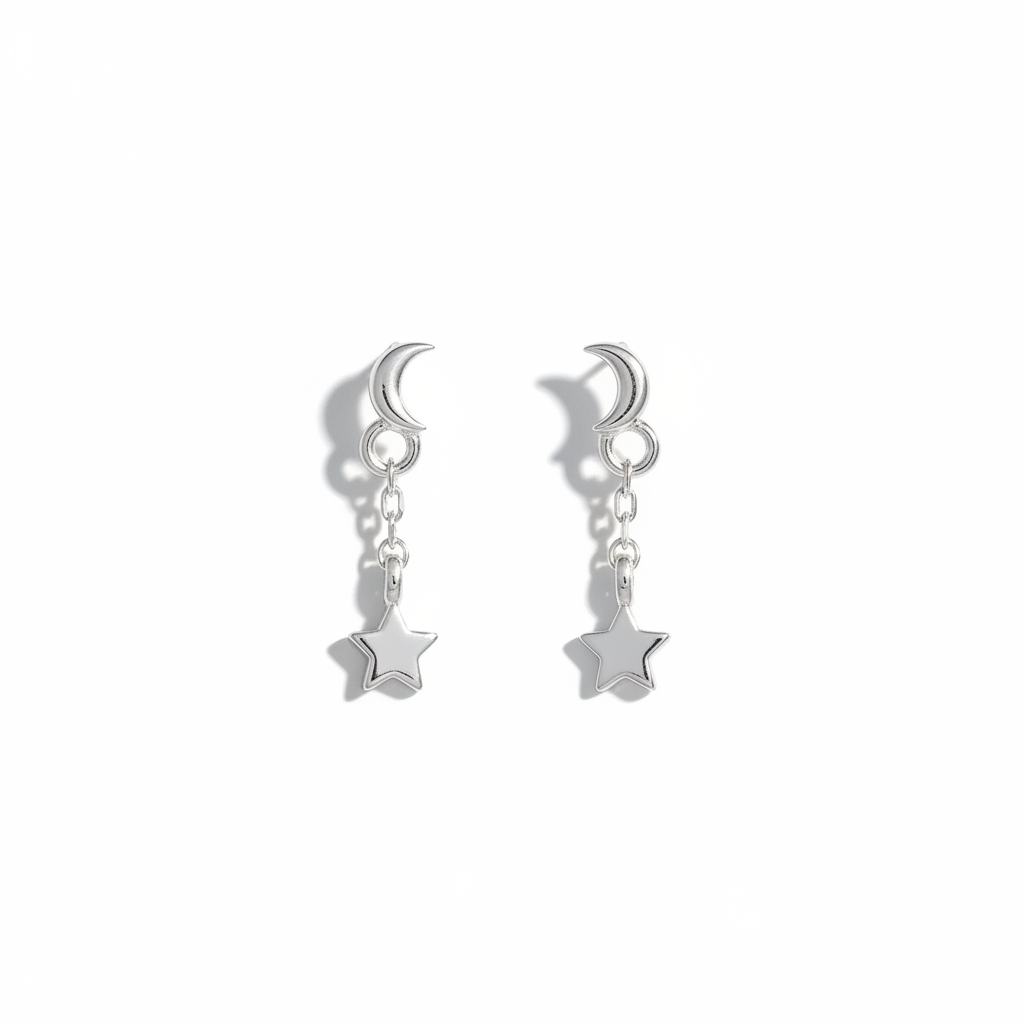 92.5 Sterling Silver Plain Crescent Moon Stud with Chain & Star Charm Drop Earrings for Women