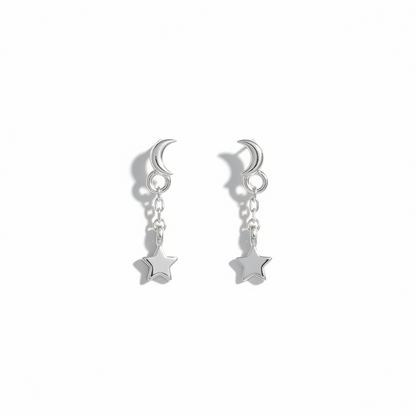 92.5 Sterling Silver Plain Crescent Moon Stud with Chain & Star Charm Drop Earrings for Women