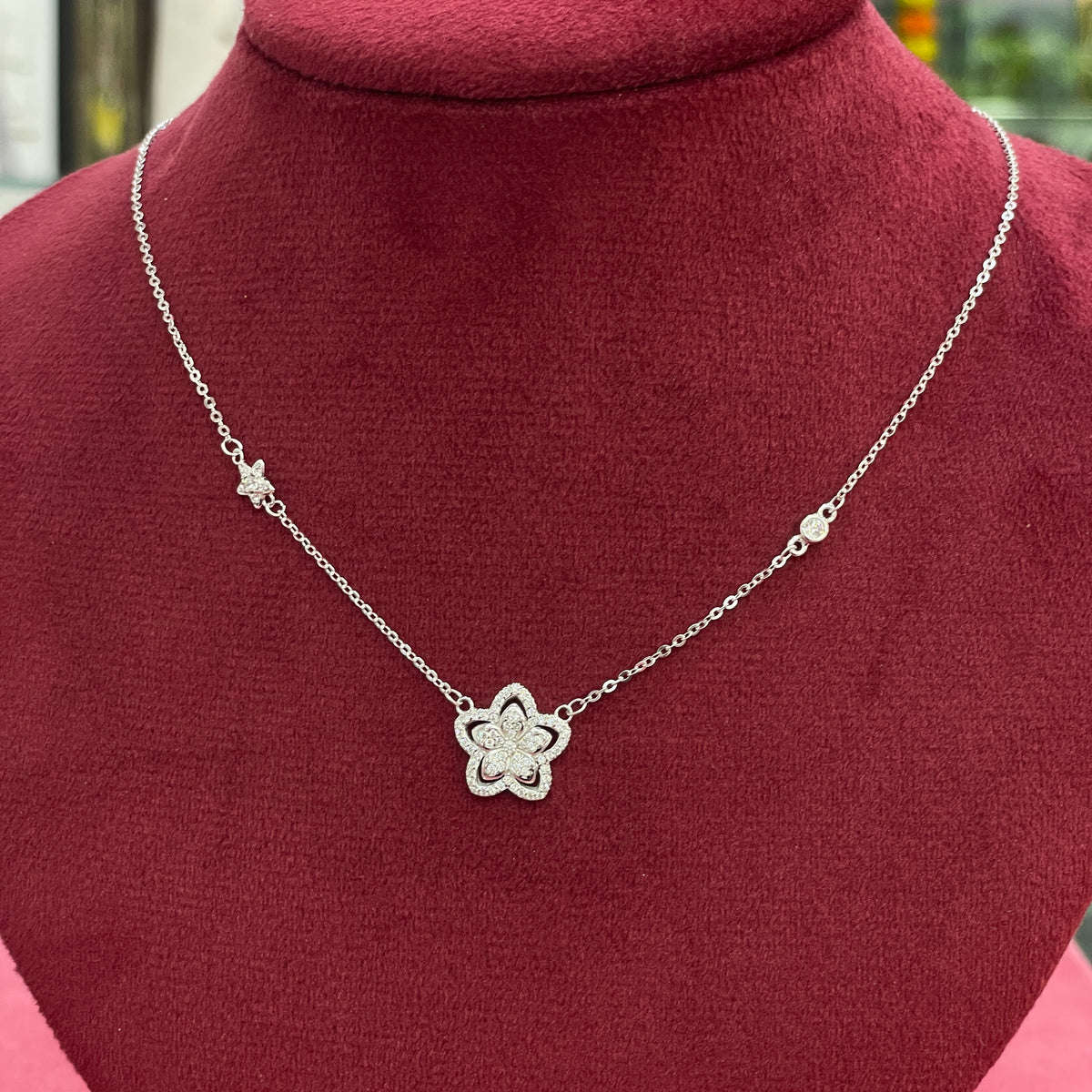 92.5 Silver Pave CZ Open Lotus Flower Pendant Necklace for Women